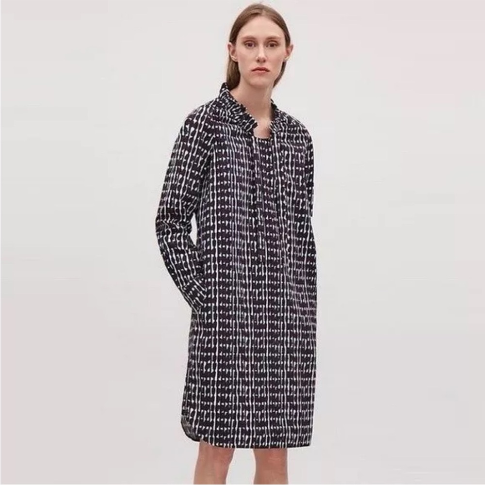 COS Abstract Print Ruffle Collar Cotton Long Sleeves Dress